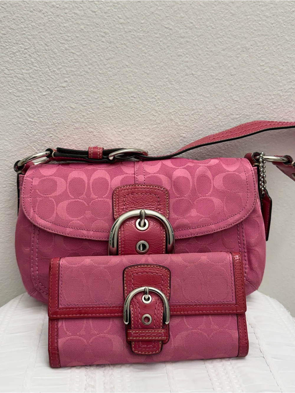 Coach Pink Signature Canvas Shoulder Bag and Wallet Set